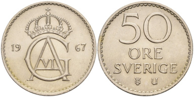Швеция 50 эре 1967 U, Густав VI Адольф (1950-1973) KM 837 медно-никель UNC 4382-1153