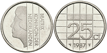 НИДЕРЛАНДЫ 25 ЦЕНТОВ 1987 БЕАТРИКС KM 204 никель 96-316