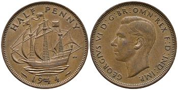 Великобритания 1/2 пенни 1944 Георг VI (1936-1952) KM 844, Spink 4115 бронза 34-1031