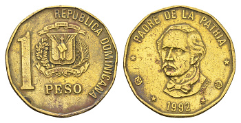 Доминиканская Республика (Доминикана) 1 песо 1992 Хуан Пабло Дуарте KM 80.2 латунь 4663-913