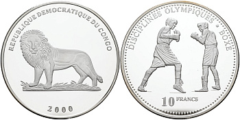 Конго 10 франков 2000 олимпийские дисциплины, бокс KM 49 серебро PROOF 00-000-00