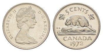 Канада 5 центов 1972 Елизавета II (1952-2022), бобр KM 60.1 никель PROOF 4639-457