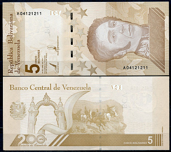 Венесуэла 5 боливаров 2021 Симон Боливар, битва при Карабобо, серия A Pick 115  бумага  UNC (пресс) 7200-12-1