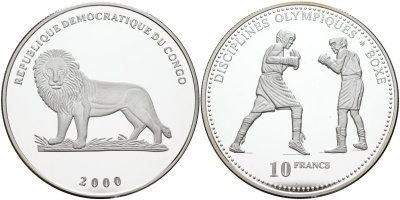 Конго 10 франков 2000 олимпийские дисциплины, бокс KM 49 серебро PROOF 00-000-00