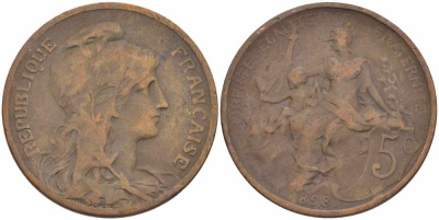 ФРАНЦИЯ 5 САНТИМОВ 1898 ТИП ДАНИЭЛЬ ДЮПЮИ KM 842, LE FRANC 119.5 бронза 108-813