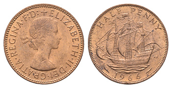 Великобритания 1/2 пенни 1966 Елизавета II (1952-2022) KM 896, Spink 4158 бронза 4663-115