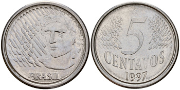 Бразилия 5 сентаво 1997 реформа 1994-, голова свободы влево KM 632 нержавеющая сталь 4164-338