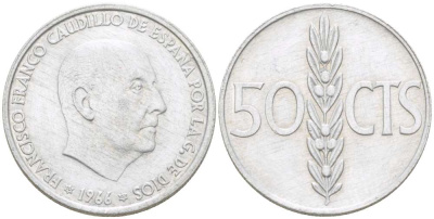 ИСПАНИЯ 50 СЕНТИМО 1966 (67) ФРАНСИСКО ФРАНКО ДИКТАТОР ИСПАНИИ (1939- 1975) KM 795 алюминий 4519-857