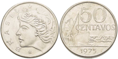 Бразилия 50 сентаво 1975 голова свободы влево KM 580a, Schon 85a нержавеющая сталь 217-1217