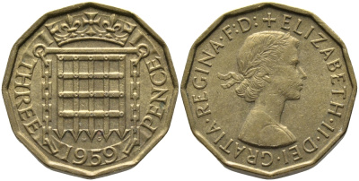 Великобритания 3 пенса 1959 Елизавета II (1952-2022) KM 900, Spink 4153 никель латунь 65-942