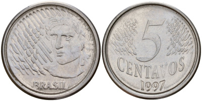 Бразилия 5 сентаво 1997 реформа 1994-, голова свободы влево KM 632 нержавеющая сталь 4164-338
