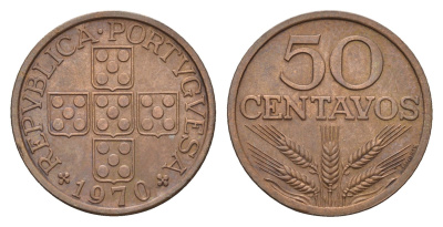 Португалия 50 сентаво 1970 KM 596 бронза aUNC 4679-528