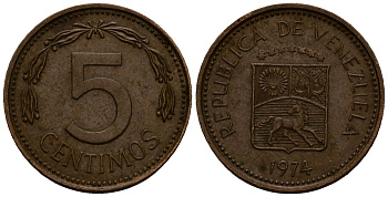 Венесуэла 5 сентимо 1974 KM 49 сталь плакированная медью 4164-1016