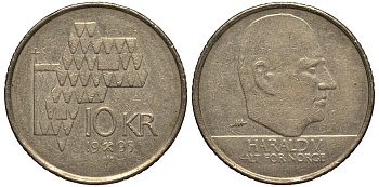 Норвегия 10 крон 1995 Харальд V (1991- ) KM 457 медь цинк никель VF 4182-547