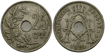 Бельгия 25 сантимов 1921 Belgie KM 69 медно-никель 4165-815