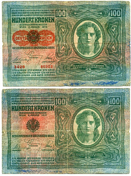 Австрия 100 крон 1912 (1919) красная надпечатка на Pick 12, на аверсе Pick 56 a бумага 444-20-1