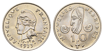 Новые Гебриды 10 франков 1975 KM 2.2 медно-никель UNC 87-225