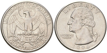 США 25 центов = квотер = 1/4 доллара 1996 P, Вашингтон KM 164a медь плакированная медно-никелем 4159-545