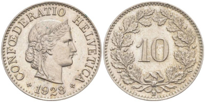 Швейцария 10 раппенов 1928 B KM 27 медно-никель     3309-419
