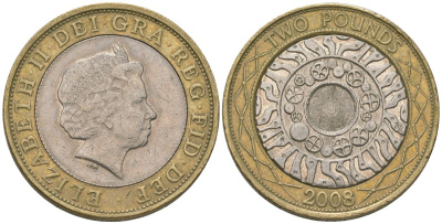 Великобритания 2 фунта 2008 Елизавета II (1952-2022) KM 994 биметалл 4606-1227