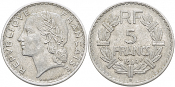 Франция 5 франков 1949 В, тип Лаврийе KM 888b.2, LE FRANC 339.19 алюминий 4403-315
