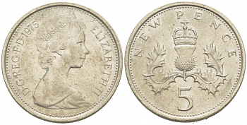 Великобритания 5 пенсов 1975 Елизавета II (1952-2022) KM 911, Spink 4233 (D1) медно-никель 77-553