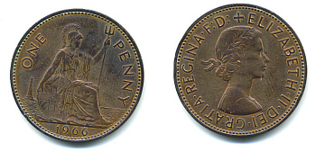 Великобритания 1 пенни 1966 Елизавета II (1952-2022) KM 897, Spink 4157 бронза 25-533