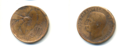 ИТАЛИЯ 10 ЧЕНТЕЗИМО 1921 R, МОНДВОР РИМ, ВИКТОР ЭММАНУИЛ III (1900-1946) KM 60 медь 80-1153