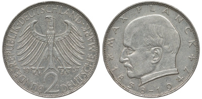 ФРГ 2 марки 1957 J , Макс Планк KM 116, J. 392 медно-никель плакированный никелем 4681-637