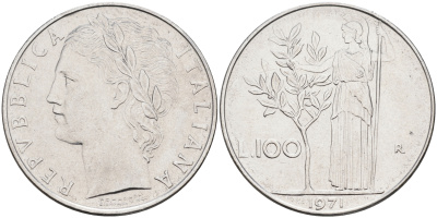 Италия 100 лир 1971 R, Афина KM 96.1 нержавеющая сталь 4117-326