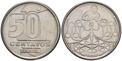 БРАЗИЛИЯ 50 СЕНТАВО 1990 РЕФОРМА 1989-1990 KM 614 нержавеющая сталь 116-1267