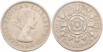 Великобритания 2 шиллинга (флорин) 1966 Елизавета II (1952-2022) KM 906, Spink 4146 медно-никель 69-213