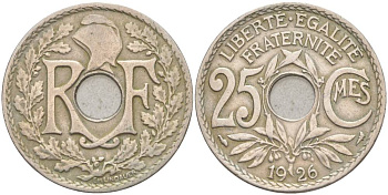 ФРАНЦИЯ 25 САНТИМОВ 1926 ТИП LINDAUER KM 867a, LE FRANC 171.10 медно-никель 55-152