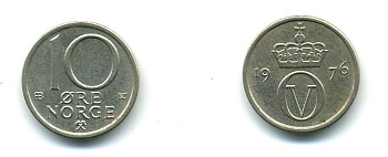 НОРВЕГИЯ 10 ЭРЕ 1976 KM 416 медно-никель 4364-936