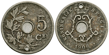 Бельгия 5 сантимов 1906 Belgie, Леопольд II (1865-1909) KM 55 медно-никель 4173-139