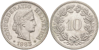 ШВЕЙЦАРИЯ 10 РАППЕНОВ 1983 KM 27 медно-никель 55-521