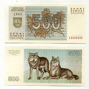 Литва 500 талонов 1993 волки, серия LI Pick 46, Сергеев 50 бумага UNC (пресс) 8589-7-4-2