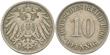 ГЕРМАНИЯ 10 ПФЕННИГОВ 1906 J KM 12, J. 13 медно-никель 34-925