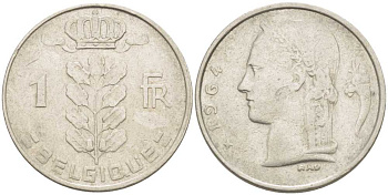 БЕЛЬГИЯ 1 ФРАНК 1964 BELGIQUE, БОДУЭН I (1951-1993) KM 142.1 медно-никель 213-516