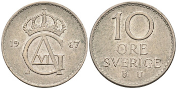 Швеция 10 эре 1967 U, Густав VI Адольф (1950-1973) KM 835 медно-никель 4585-367