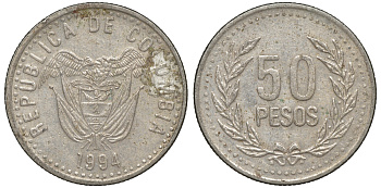 Колумбия 50 песо 1994 KM 283 медь цинк никель 4606-446