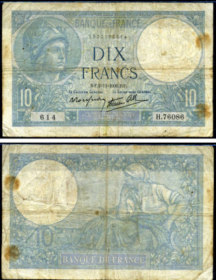 Франция 10 франков 1939 Pick 84 бумага 7219-24-1-2