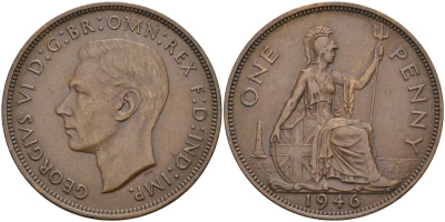 Великобритания 1 пенни 1946 Георг VI (1936-1952) KM 845, Spink 4114 бронза 4117-1234