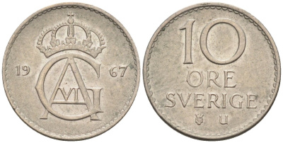 Швеция 10 эре 1967 U, Густав VI Адольф (1950-1973) KM 835 медно-никель 4585-367