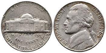 США 5 ЦЕНТОВ 1964 ДЖЕФФЕРСОН KM А192 медно-никель 4364-621