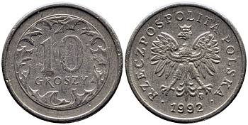 ПОЛЬША 10 ГРОШЕЙ 1992 MW KM 279 медно-никель 4381-618