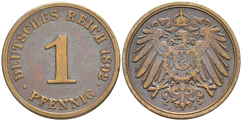 ГЕРМАНИЯ 1 ПФЕННИГ 1892 J KM 10, Jager. 10, Weege 2 медь 4528-1123