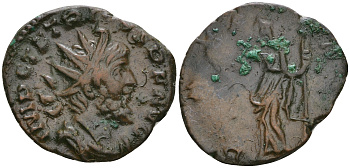 Римская Империя, императоры в Галлии антониниан 271 - 274 Тетрик, IMP C TETRICVS P F AVG, бюст императора / PAX AVG, Пация, персонификация Мира RIC 100 биллон 1073-21-13
