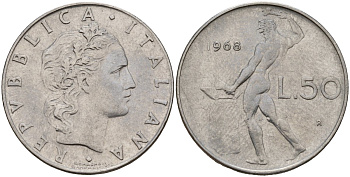Италия 50 лир 1968 R, бог Вулкан у наковальни KM 95.1 нержавеющая сталь 4156-731