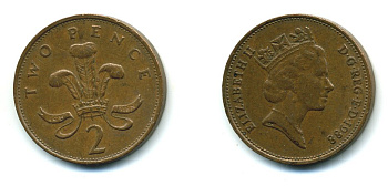 Великобритания 2 пенса 1988 Елизавета II (1952-2022) KM 936, Spink 4376 (C3) бронза 540-416